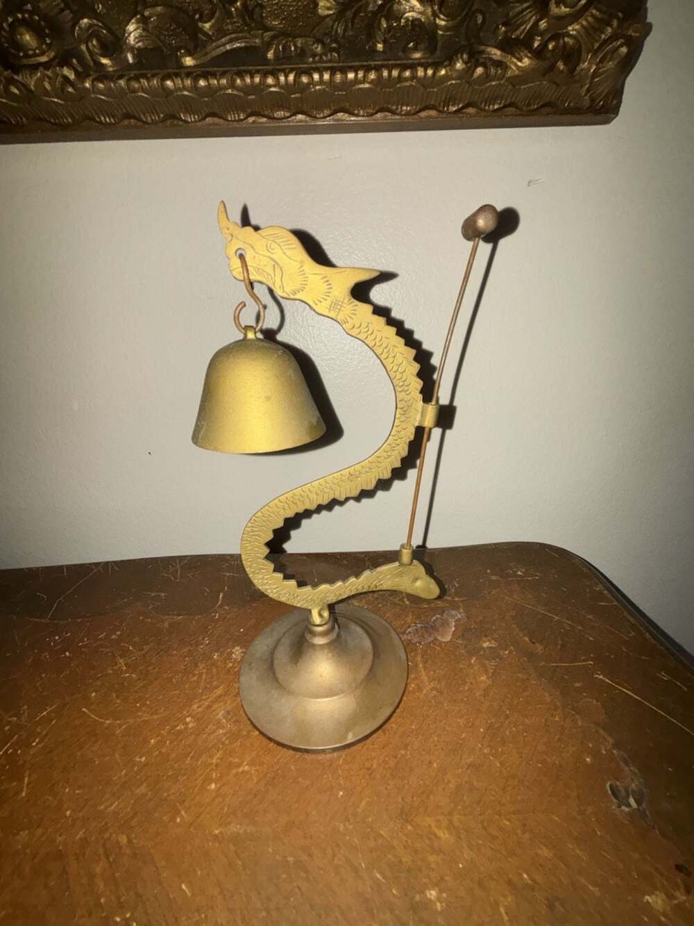 Vintage Brass Dragon Stand With Bell And Metal Mallet Oriental Table Decor